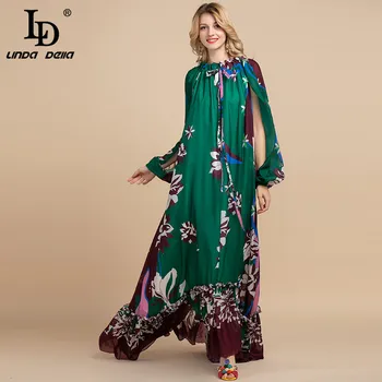 LD LINDA DELLA Sonbahar Moda Tasarımcısı Gevşek Maxi Elbise kadın Bölünmüş Kollu Çiçek Baskı Tatil Parti Vintage uzun elbise 2