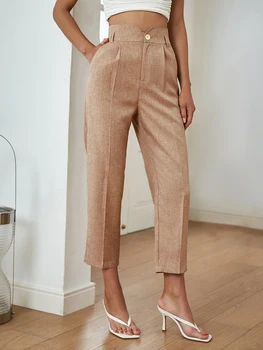 BerryGo Yüksek sokak haki yüksek bel rahat pantolon kadın Moda cep iş pantolon ofis bayan 2022 Yaz yeni katı harem pantolon