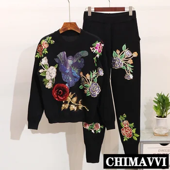 2020 Yeni Sonbahar ve Kış kadın Kuş Sequins Çiçekler Örgü Kazak rahat pantolon 2 Parça Kazak Seti Streetwear Örgü setleri