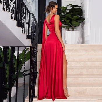 Kırmızı Derin V Yaka balo kıyafetleri Seksi Yüksek Yarık A-Line Kat Uzunlukta Abiye Basit Plise Kolsuz Backless elbiseler de soirée 2