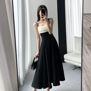 Siyah Patchwork Spagetti kemerli elbise A-Line Yüksek Bel Vintage Midi Elbise Zarif yaz elbisesi Vestidos