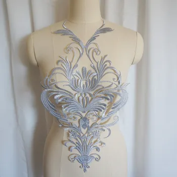 Büyük Gümüş İşlemeli Barok Çiçek Aplikler Elbise Yaka Demir Dikiş Yama Düğün Gelin Elbise Elbise Dekorasyon DIY El Sanatları
