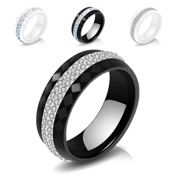 Romantik Temizle Siyah Seramik Yüzük Temizle Kristaller İle moda takı Lüks 8mm Beyaz Seramik Yüzükler Kadınlar İçin
