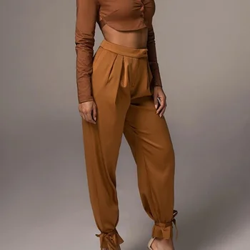 Kadınlar Yüksek Bel Moda Rahat düz pantolon 2021 Düz Renk Kemer Pantolon Uzun Kargo Demetli Pantolon Kadın Streetwear Pop