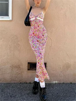 wsevypo Çiçekler Baskı Spagetti Sapanlar Wrap uzun elbise 90s E-kız Estetik Kadın Yaz Kolsuz Kravat V Yaka Sundress
