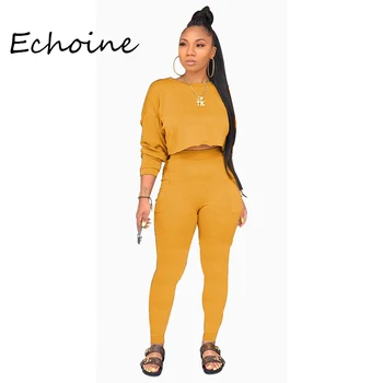Echoine Sonbahar O-Boyun İki Adet Set Uzun Kollu Kazak + takım elbise Cep Eşofman Kadınlar Katı 5 Renk 1