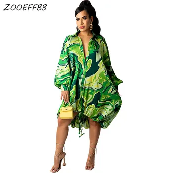 ZOOEFFBB Vintage Baskı Yeşil Midi Elbise Kıyafetler Kadınlar için 2021 Moda Uzun Kollu Giyim Doğum Günü Rahat Gevşek Gömlek Elbiseler
