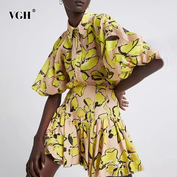 VGH Vintage Baskı İki Parçalı Set Kadınlar İçin Yaka Fener Uzun Kollu Üstleri Yüksek Bel Mini Etekler Kadın 2021 Bahar Moda stil