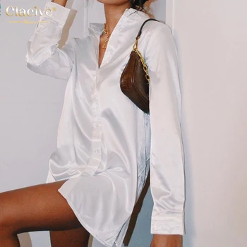 Clacive Rahat Beyaz İnce Turn-Aşağı Yaka Kadın Bluzlar Gevşek Seksi Uzun Kollu Bayan Bluzlar Ofis Kadın Gömlek Moda 2021