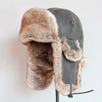Yetişkin Bombacı Şapkalar Kış Erkekler Sıcak Rüzgar Geçirmez Rus Rus Kalpağı Şapka Kulak Flap İle Pu Deri Kürk Adam Erkek Trapper Kap Kış Kulaklığı 2