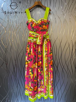 SEQINYY 100 % Pamuk Elbise Yaz Bahar Yeni Moda Tasarım Kadınlar Pist Yüksek Kalite Limon Çiçekler Sicilya Baskı Straplez