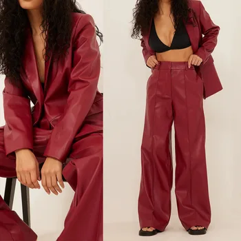 Koyu Kırmızı Kadın Deri Takım Elbise Custom Made Seksi Çentikli Yaka Gevşek Blazer Açık Rahat Günlük Streetwear Ceket 2 Parça Set