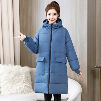 Büyük boy Kış Uzun Ceket Kadınlar için Kapşonlu Casual Sıcak Kalınlaşmak Pamuk Yastıklı Kış Ceket Cepler İle Düz Renk Kadın Parkas