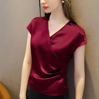 Moda zarif ofis bayan Şifon Gömlek seksi V Yaka Asetat saten Bluzlar Femme Blusas Beyaz Kırmızı Siyah yeşil saten üstler 1