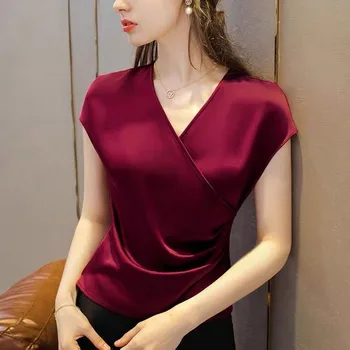 Moda zarif ofis bayan Şifon Gömlek seksi V Yaka Asetat saten Bluzlar Femme Blusas Beyaz Kırmızı Siyah yeşil saten üstler 2