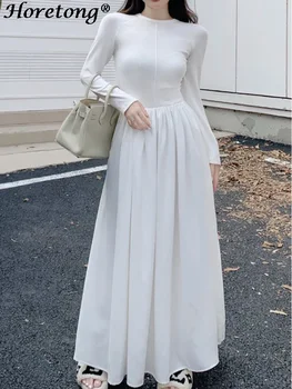 Horetong Vintage Örme Elbise 2022 Kadın Sonbahar Uzun Kollu Zarif Parti Elbiseler Kore Chic Casual Katı uzun elbise Vestidos