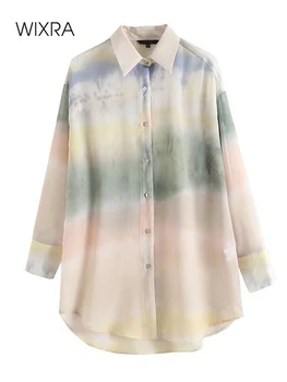 Wixra Kadın Bluz 2022 İlkbahar Yaz Renkli Turn-Aşağı Yaka Tam Kollu Uzun Gömlek Kadın Rahat Yüksek Sokak Moda Üst