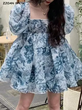 Tatlı Prenses Çiçek Organze Balo Elbise Kadınlar Eklenmiş Dantel Kare Yaka Puf Kollu Salıncak Mini Peri Kek Elbise kız