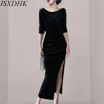 JSXDHK 2021 Yeni Lüks Sonbahar Kadife Kılıf Elbise Vintage Kadınlar Elmas Yarım Kollu Siyah Bayanlar Bölünmüş Bodycon Uzun Parti Elbise