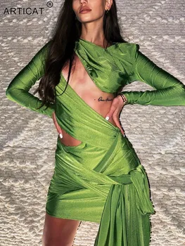 Articat Seksi Hollow Out Dantelli Kadın Elbise Yeşil Uzun Kollu Yuvarlak Boyun Bandaj Elbise Femme Sonbahar Sıska Zarif Parti Clubwear