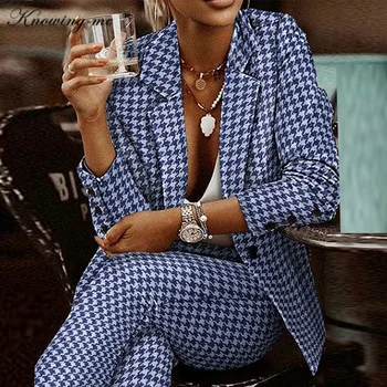 Kadın Balıksırtı Takım Elbise 2022 Sonbahar Ofis Bayan Uzun Kollu Blazer + uzun pantolon 2 adet set Ekose Baskı Yaka Yaka blazer takım elbise 1