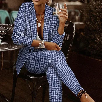 Kadın Balıksırtı Takım Elbise 2022 Sonbahar Ofis Bayan Uzun Kollu Blazer + uzun pantolon 2 adet set Ekose Baskı Yaka Yaka blazer takım elbise 2