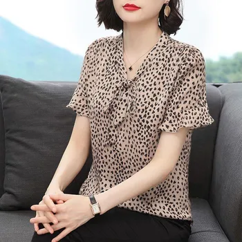 Leopar Kadın Gömlek Kısa Kollu Bahar Yaz Kore Tarzı Gevşek Bluzlar Mizaç Yay-Düğüm Baskı Mujer Blusas Tops MM0928