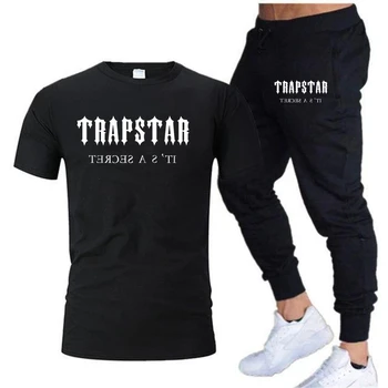 Yaz Rahat erkek tişört + Pantolon Takım Elbise TRAPSTAR Marka Kısa Kollu Set Baskılı pamuk gömlekler Koşu Sweatpants Erkek Spor