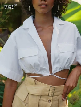 VGH Seksi Kısa Beyaz Gömlek Kadınlar İçin Yaka Kısa Kollu Patchwork Cep İpli Gevşek Bluzlar Kadın Moda 2022 Stil Yeni