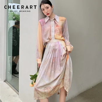CHEERART Batik Yüksek Moda Düğmeli Gömlek Kadınlar İçin Uzun Kollu Tasarımcı Bayanlar Üst Gevşek Yakalı Gömlek Kore Moda Güz