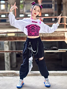 Kızlar Balo Salonu Hip Hop Dans Elbise uzun kollu üstler rahat pantolon Çocuklar İçin Sokak Dans Performansı Giyim Kpop Kıyafet BL9101