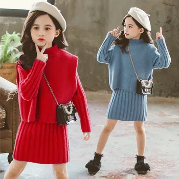 Çocuk giyim Kızlar için Moda Yeni Takım Elbise Uzun Kazak + Örme Yelek 2 adet Sonbahar Kış Üst Gençler Giysileri Elbise Seti 4-14 Y 2
