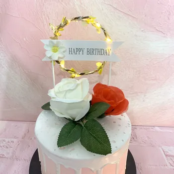 Amawill Çiçek Çelenk Yıldız Kek Topper LED Parlayan Mutlu Doğum Günü Partisi Dekorasyon Bebek Duş DIY Pişirme Kek Üst Bayrakları Toppers 2