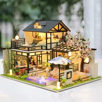 Yeni Dıy minyatür yapı kiti Dollhouse modeli japon tarzı ahşap ev ışık ile bebek evi mobilya çocuk oyuncakları yetişkin hediyeler