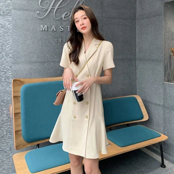 Kadın İlkbahar yaz elbisesi Rahat Katı Blazer Kadın Yeni Kore Kruvaze Kısa Kollu Bayan Vintage Pilili Elbise YM120