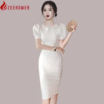 Kore Zarif Ofis Yüksek Kaliteli Seksi Parti OL Elbise Kadın Kare Yaka Kısa Kollu Vintage Bodycon Bandaj Elbise Vestido