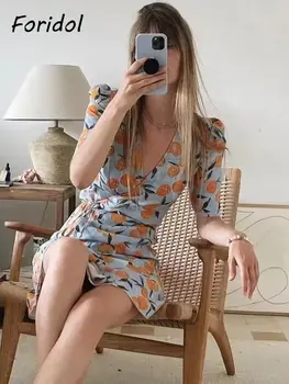 Foridol Meyve Baskı Kısa Kollu Düğme Lace Up Yaz Vintage Fransız Tarzı Kısa Elbise Plaj Casual Boho Yeni Sundress Elbise