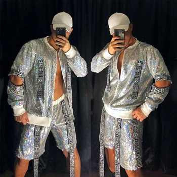 Parlak Gümüş Erkek Seti Sequins Ceket Pantolon Rave Kıyafetler Erkekler Gece Kulübü Dj Gelgit Hip Hop Kaya Sahne Performansı Giyim XS2313