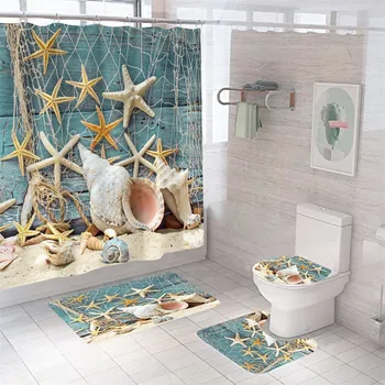 Denizyıldızı banyo perdesi Kabuk Okyanus Plaj Baskı Duş Perdeleri Banyo mat seti Polyester Su Geçirmez Tuvalet Kilim kaymaz Halı