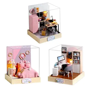 Karikatür DİY Minyatür Dollhouse Ahşap Mobilya Kiti Bebek Evi Modeli Çocuk Kız Montessori Oyuncaklar Çocuklar için Noel Hediyeleri