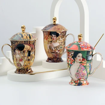 Kahve kapaklı bardak ve Kaşık Kemik Antik Çin Klimt Boyama Çay kapaklı bardak Lüks Hediye Vintage Kemik Çini Kupa