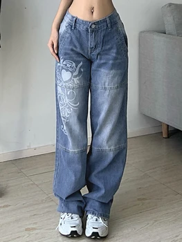 2022 90S dökümlü pantolon Harajuku Baskılı Kargo Kot Y2K Koyu Mavi Kahverengi Yüksek Bel Streetwear Kadın Pantolon Düz Geniş Bacak Kot 1