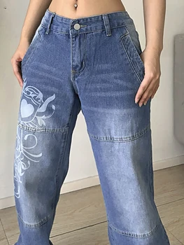 2022 90S dökümlü pantolon Harajuku Baskılı Kargo Kot Y2K Koyu Mavi Kahverengi Yüksek Bel Streetwear Kadın Pantolon Düz Geniş Bacak Kot 2