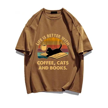 Pamuklu Bayan Erkek T-shirt Kedi Grafik Baskı Erkekler Büyük Boy Tees Komik Gömlek Trend Streetwear Casual Bluz Kısa Kollu 1