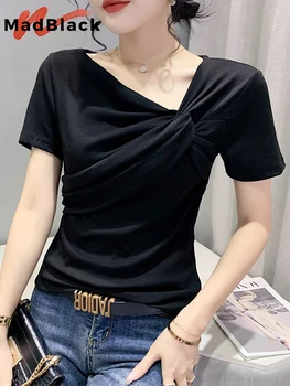 MadBlack yaz giysileri T-Shirt Şık Seksi Eğik Yaka Dökümlü Basit Kadın Üstleri Kısa Kollu Dip Gömlek Yeni Tees T27307L