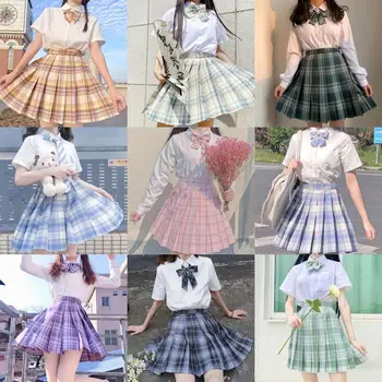 Okul Kız Üniforma Pilili Etekler Japon okul üniforması Yüksek Bel A-Line Ekose Etek Seksi JK Üniformaları Kadın Tam set