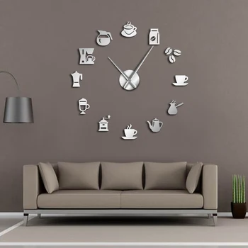 Kahve Kupa Duvar Sanatı Kahve Dükkanı DIY Dev duvar saati Cafe House kendin yap çıkartmalar Dekoratif Büyük Eller Çerçevesiz Büyük Saat İzle