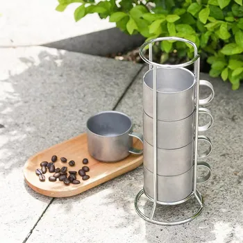 Çift duvarlı kahve fincan seti 304 Paslanmaz çelik kupalar çay süt bardak kolu ile açık piknik ısı yalıtımı ve Anti-haşlanma
