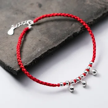 AIFENAO 925 Ayar Gümüş Bells Halhal Kadınlar için El Yapımı Kırmızı İplik Ayak Zinciri Boncuk Ayak Bileği Bilezik Takı Kız Ayarlanabilir