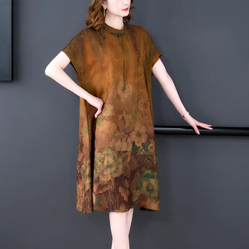 2022 Çiçek Doğal İpek Midi Elbise Kadınlar Zarif Gevşek Bel Artı Boyutu Elbise Yaz Kore Vintage Kısa Kollu Günlük Elbiseler